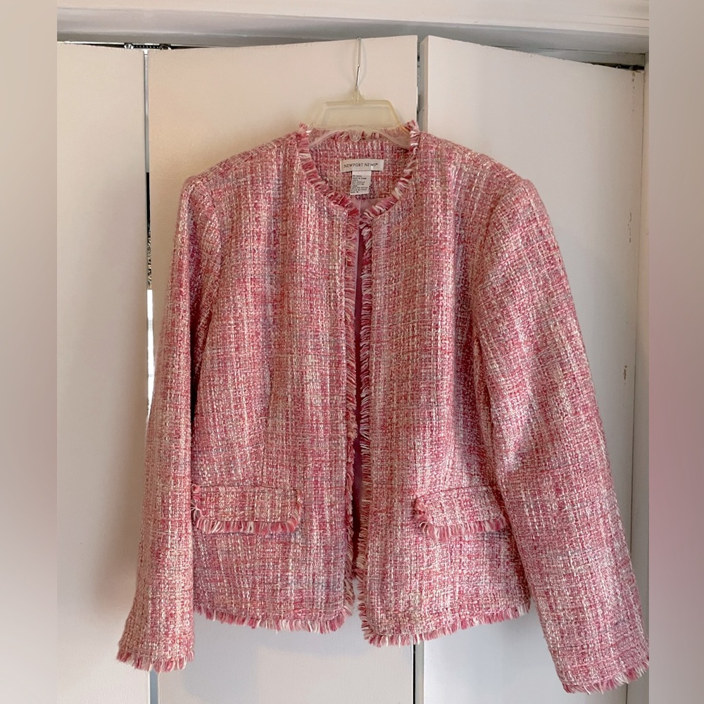 Pink tweed, Chanel-like jacket.
